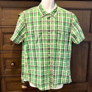 Tommy Hilfiger short sleeve button down mens shirt green black white sz XL EUC